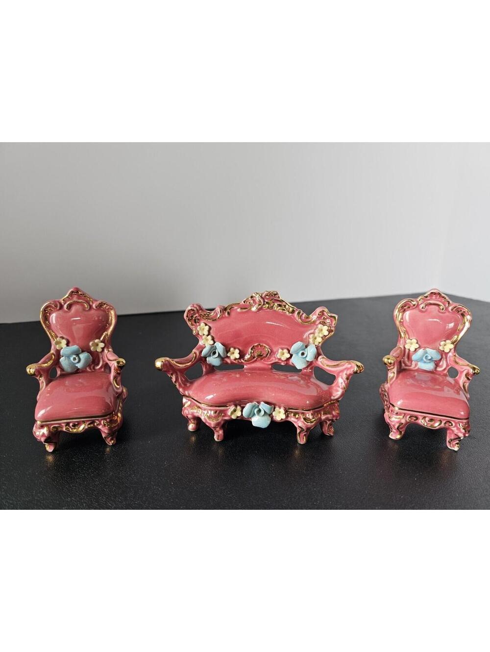 Vintage Porcelain Ceramic Mini Wedding Seat Sofa And 2 Chairs Pink Roses